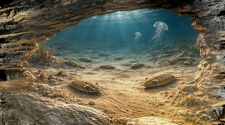 Trilobiten på botten av ett hav i en grotta